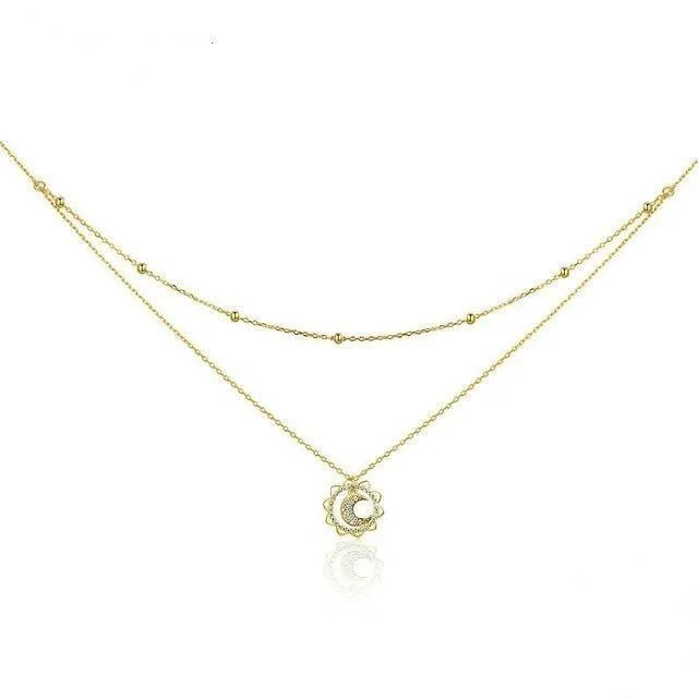 Sterling Silver Sun & Moon Shape Necklace - Glova