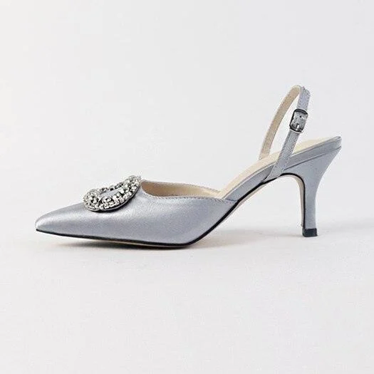 Stiletto Pointed Rhinestone Buckle Satin Pump Shoes - Glova