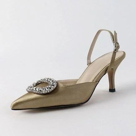 Stiletto Pointed Rhinestone Buckle Satin Pump Shoes - Glova