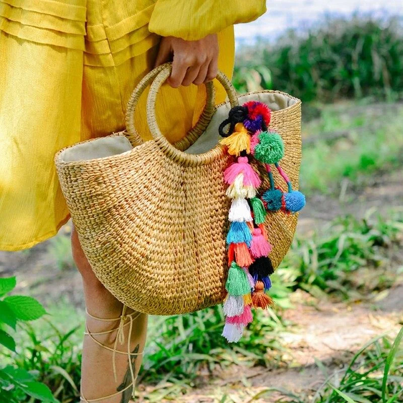 Straw Bucket Tote Bags with Ring Handle - w or w/o Tassels - Glova