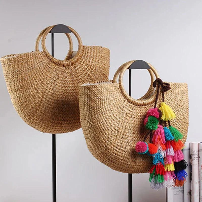 Straw Bucket Tote Bags with Ring Handle - w or w/o Tassels - Glova