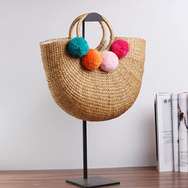 Straw Bucket Tote Bags with Ring Handle - w or w/o Tassels - Glova