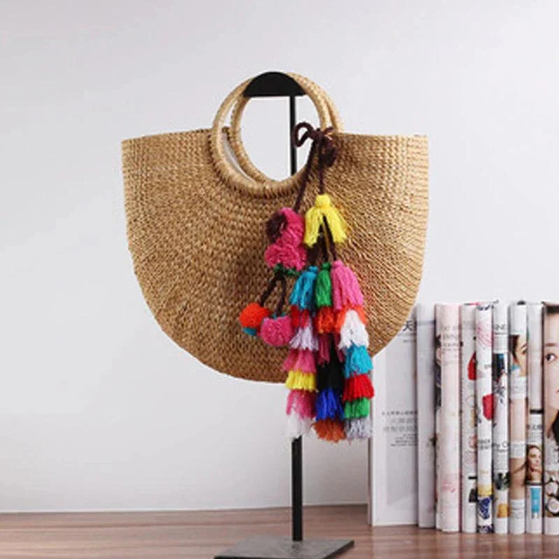 Straw Bucket Tote Bags with Ring Handle - w or w/o Tassels - Glova