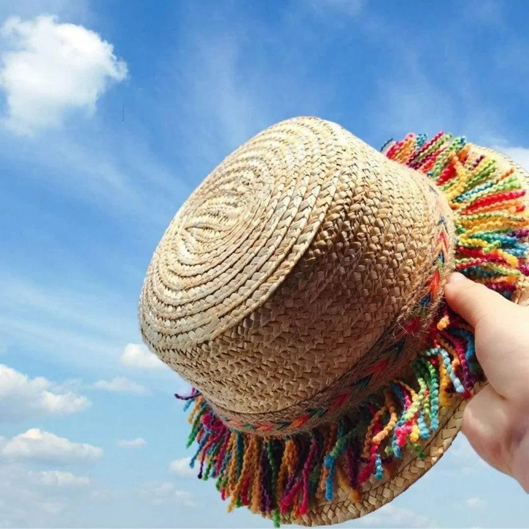 Straw Hat With Rainbow Colored Tassels - Glova