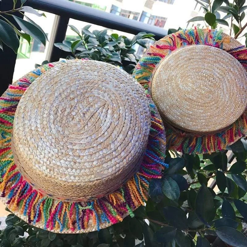 Straw Hat With Rainbow Colored Tassels - Glova