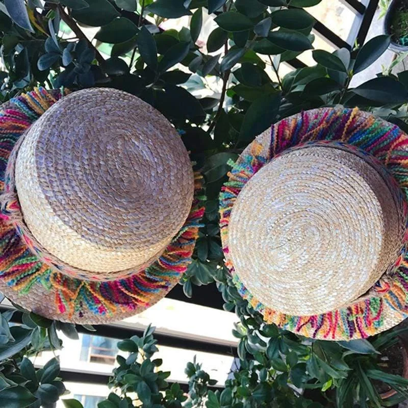 Straw Hat With Rainbow Colored Tassels - Glova