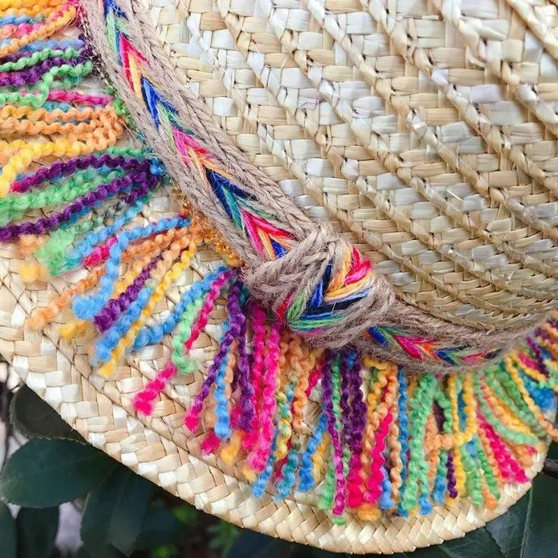 Straw Hat With Rainbow Colored Tassels - Glova