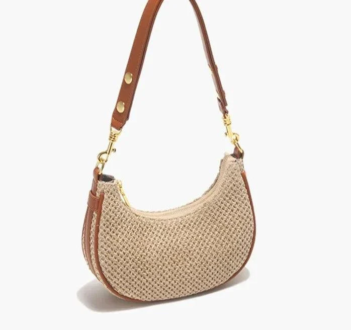 Straw Woven Half Moon Top-Handle Lightweight Sling Bag - Glova