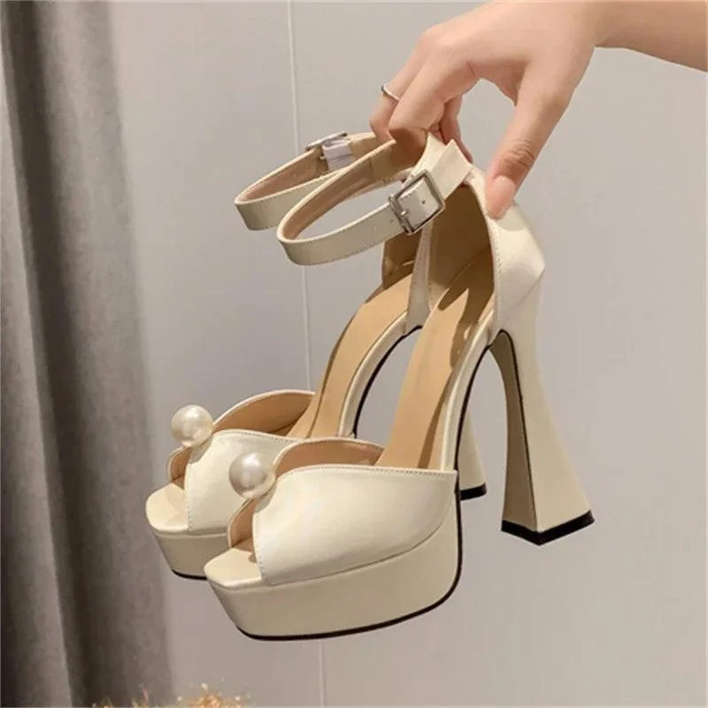 String Bead Silk Platform Buckle Strap Square High Heels Shoes - Glova