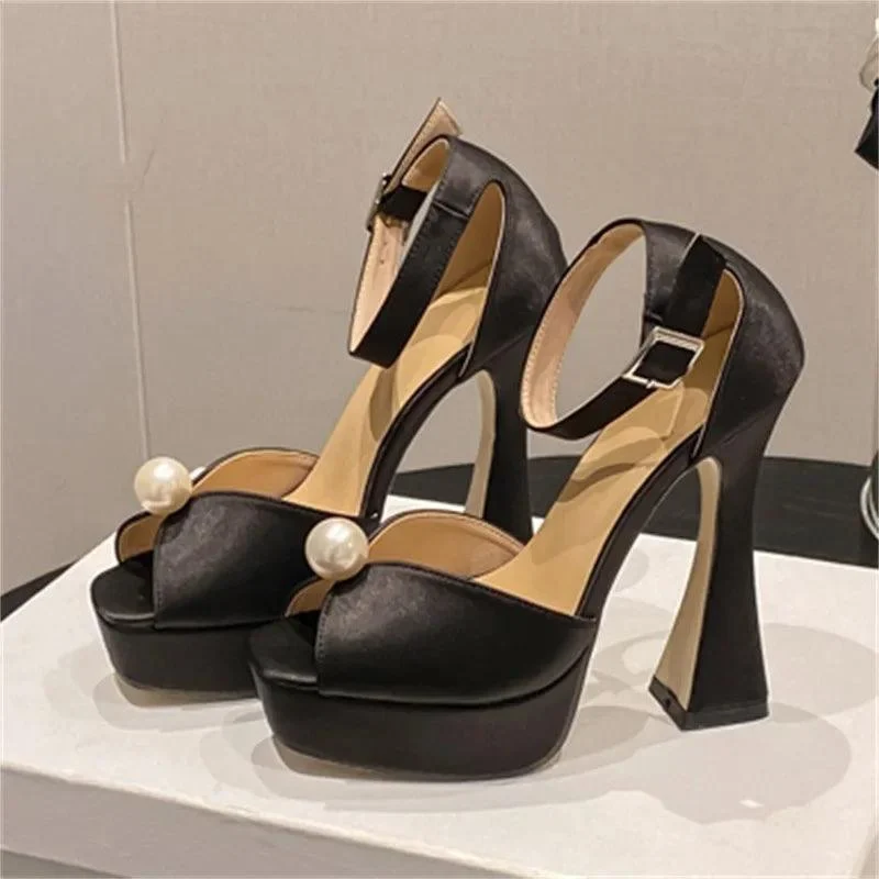 String Bead Silk Platform Buckle Strap Square High Heels Shoes - Glova