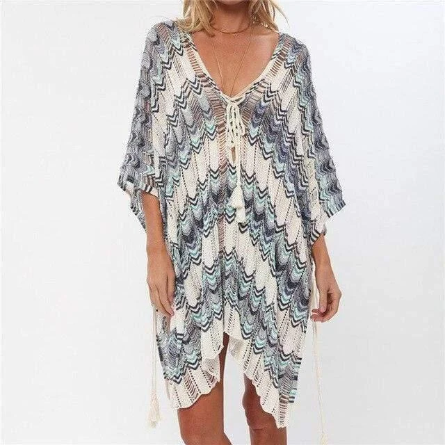 Striped Crochet Swim Cover Up Dress - Glova