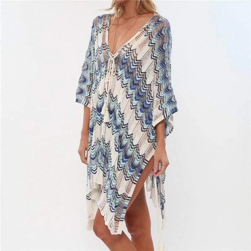 Striped Crochet Swim Cover Up Dress - Glova