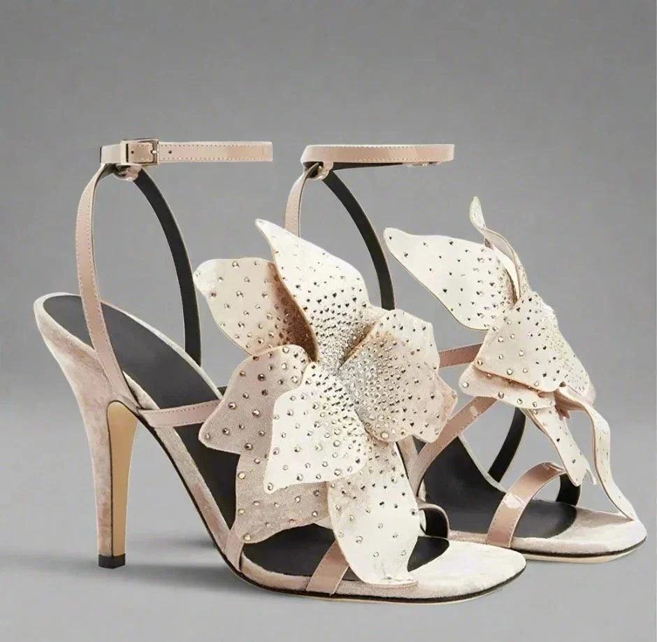 Suede Flower Crystal Square Toe Thin High Heel Slingback Shoes - Glova