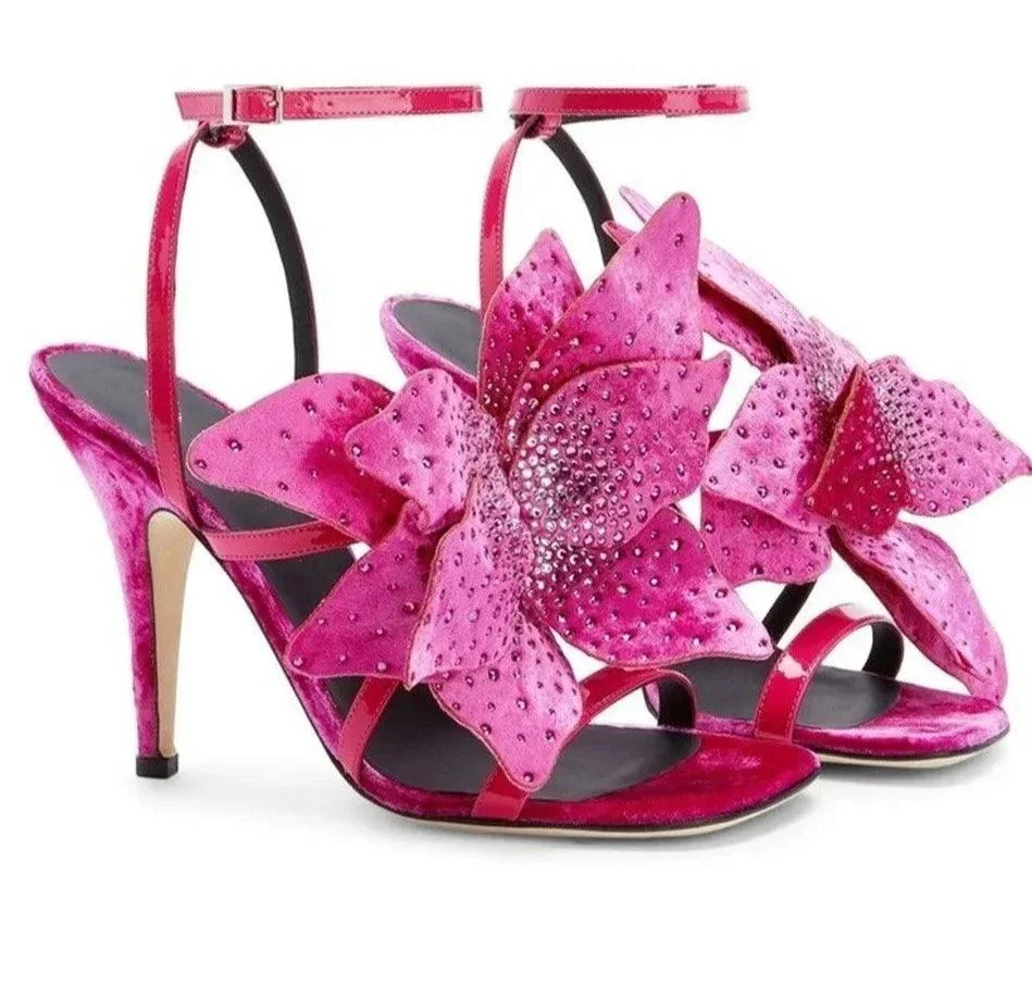 Suede Flower Crystal Square Toe Thin High Heel Slingback Shoes - Glova