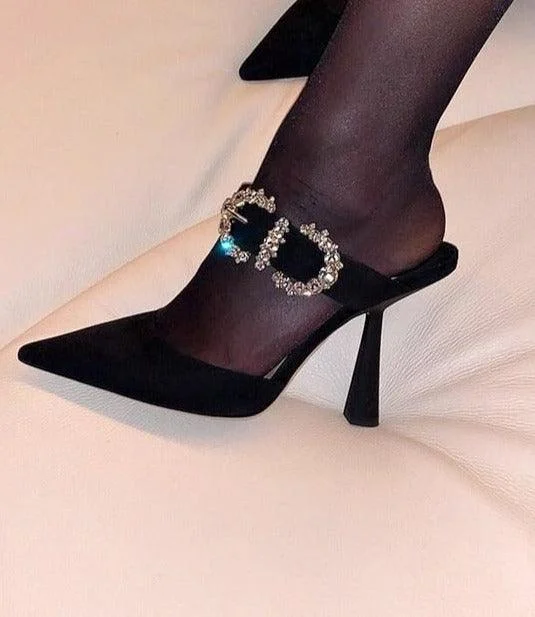 Suede Jewel Buckle Pointed Toe High Heel Crystal Pump Shoes - Glova