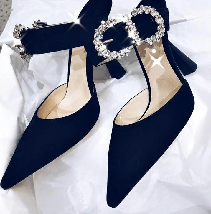 Suede Jewel Buckle Pointed Toe High Heel Crystal Pump Shoes - Glova