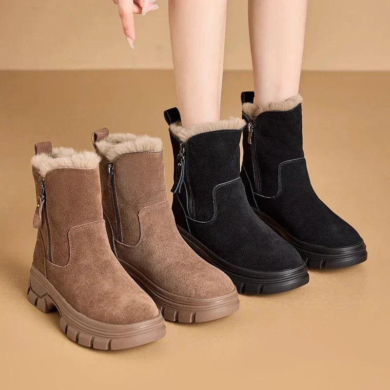 Suede Leather Snow Boots Side Zipper Warm Plush Boot - Glova