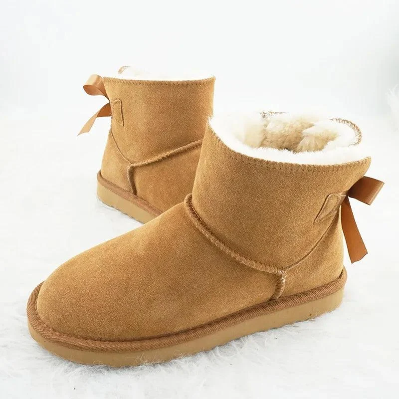 Suede Snow Boots Low Cylinder Bow Winter Shoes for Women - Glova