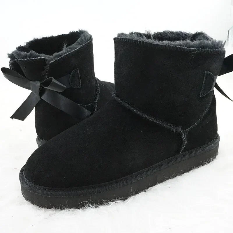 Suede Snow Boots Low Cylinder Bow Winter Shoes for Women - Glova