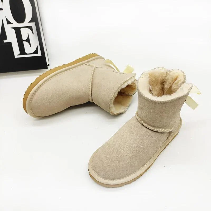 Suede Snow Boots Low Cylinder Bow Winter Shoes for Women - Glova