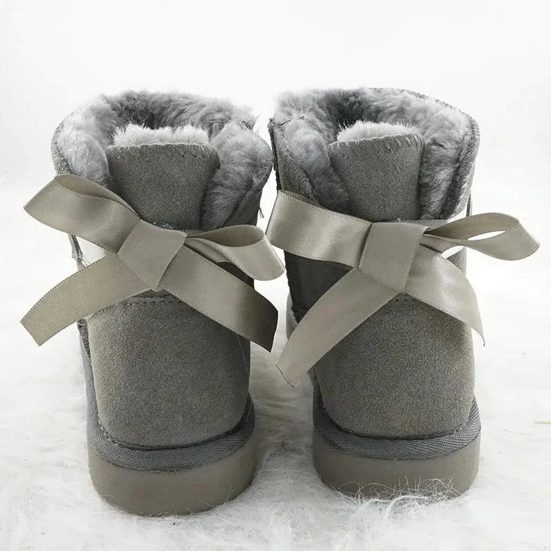 Suede Snow Boots Low Cylinder Bow Winter Shoes for Women - Glova