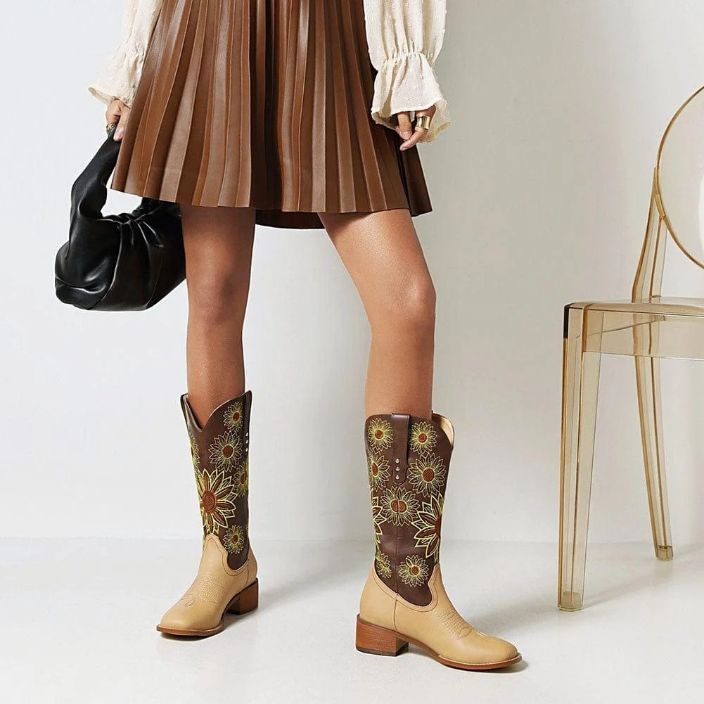 Sunflower Garden Embroidered Western Boots - Glova