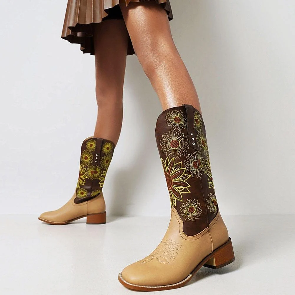 Sunflower Garden Embroidered Western Boots - Glova