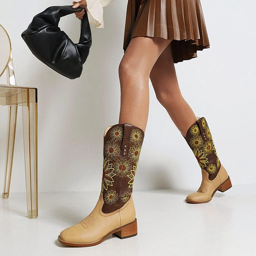 Sunflower Garden Embroidered Western Boots - Glova