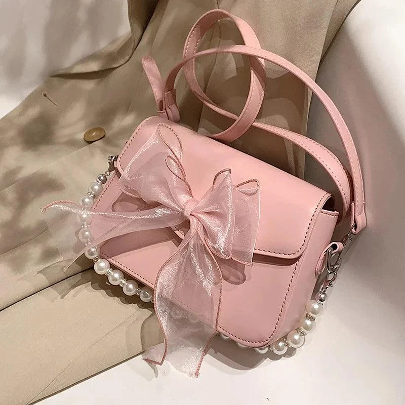 Sweet Bow Hand Bag Pearl Chic Handle Messenger Bag - Glova