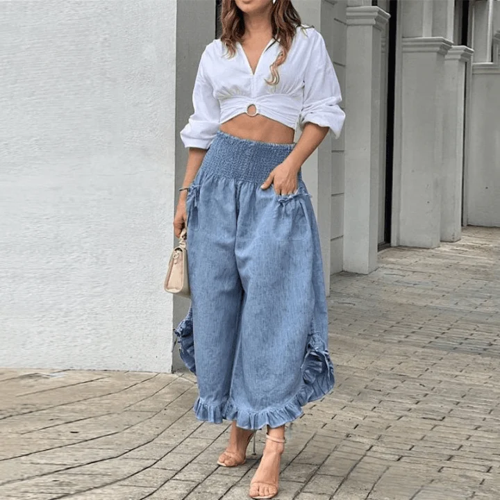 Tallulah Ruffle Edge Denim Pants and Crop Top Set - 2 Colors - Glova