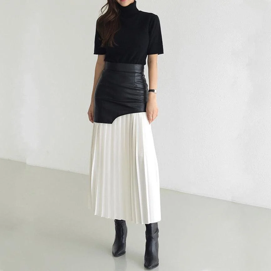 Tami Pleated Skirt with Faux Leather Patchwork - 2 Colors - Glova