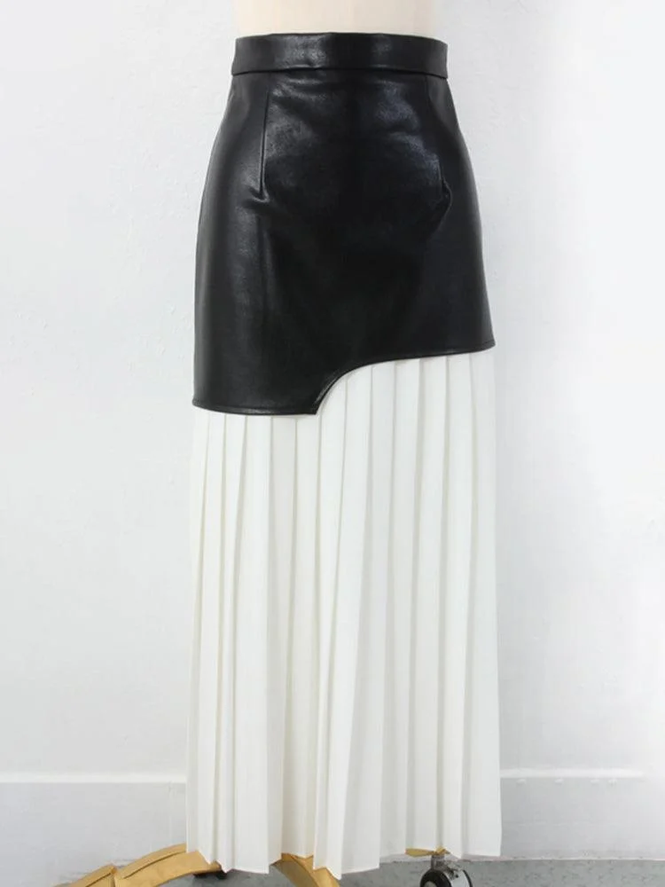 Tami Pleated Skirt with Faux Leather Patchwork - 2 Colors - Glova