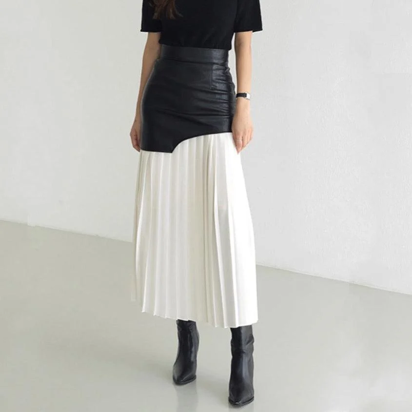 Tami Pleated Skirt with Faux Leather Patchwork - 2 Colors - Glova