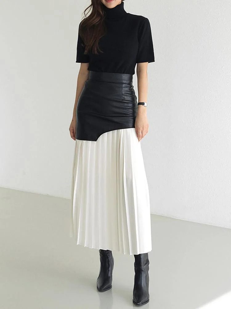 Tami Pleated Skirt with Faux Leather Patchwork - 2 Colors - Glova