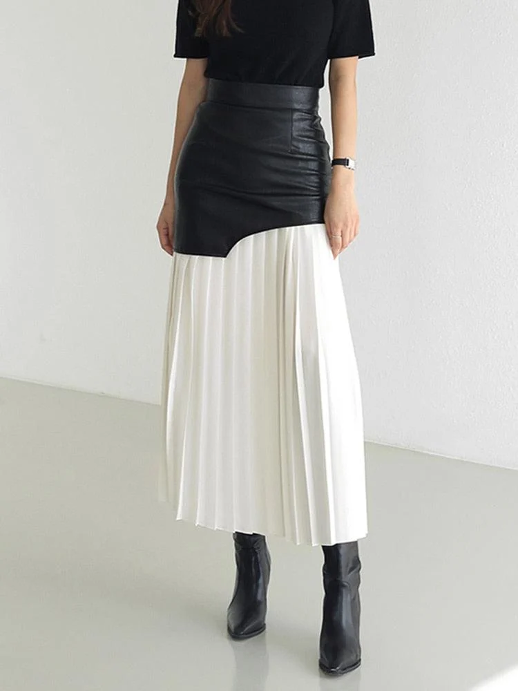 Tami Pleated Skirt with Faux Leather Patchwork - 2 Colors - Glova