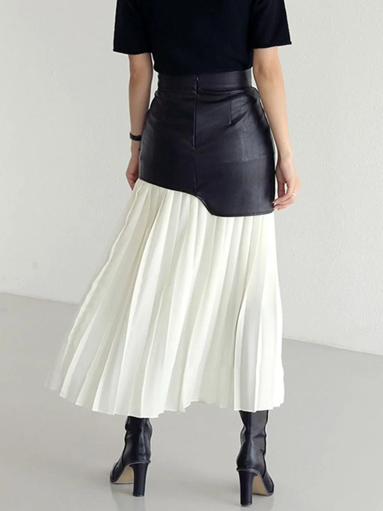 Tami Pleated Skirt with Faux Leather Patchwork - 2 Colors - Glova