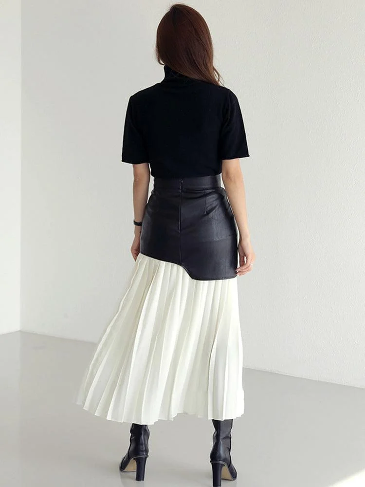 Tami Pleated Skirt with Faux Leather Patchwork - 2 Colors - Glova