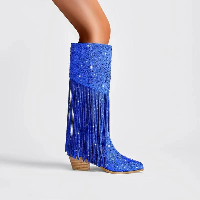 Tassel Rhinestone Round Head Thick Heel High Sleeve Knee Length Boots - Glova