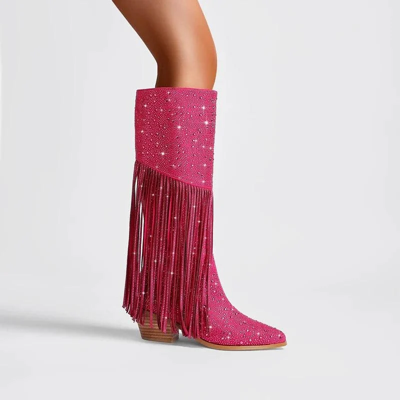 Tassel Rhinestone Round Head Thick Heel High Sleeve Knee Length Boots - Glova