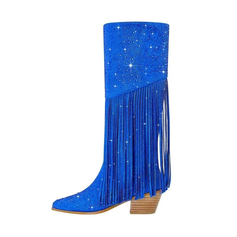 Tassel Rhinestone Round Head Thick Heel High Sleeve Knee Length Boots - Glova