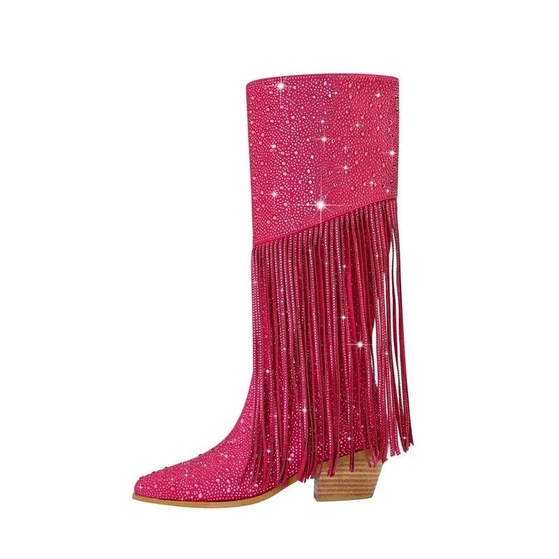 Tassel Rhinestone Round Head Thick Heel High Sleeve Knee Length Boots - Glova