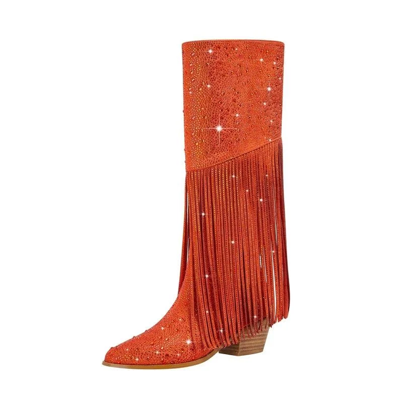 Tassel Rhinestone Round Head Thick Heel High Sleeve Knee Length Boots - Glova