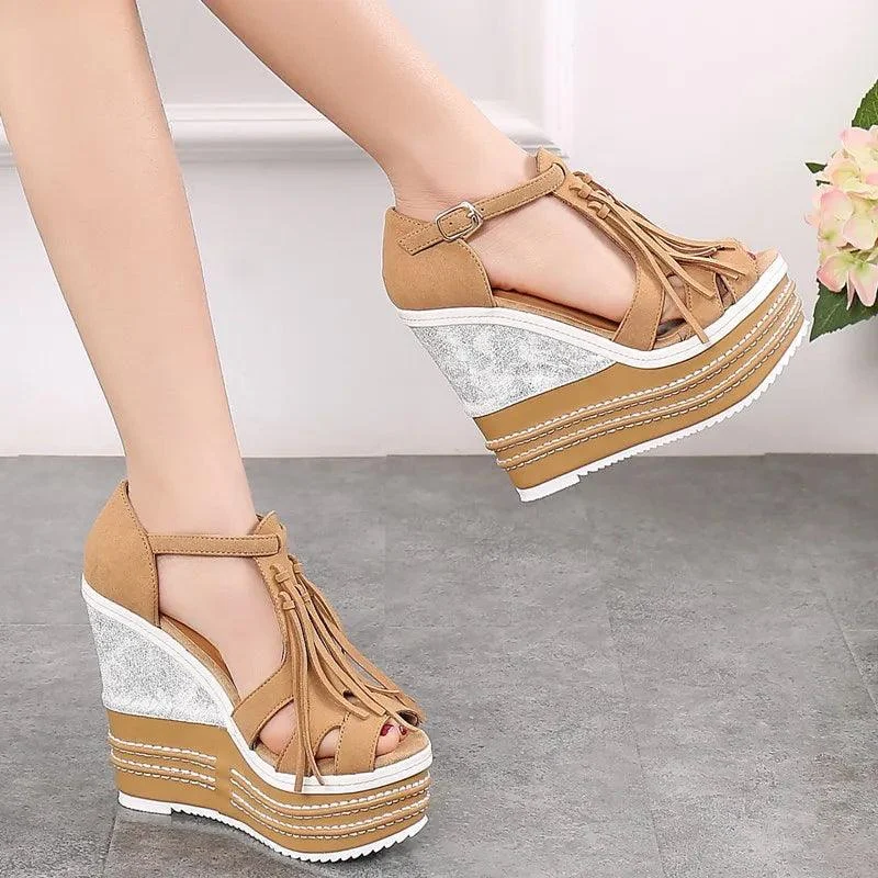 Tassel Wedge Heels Platform T Strap Open Toe Sandals - Glova