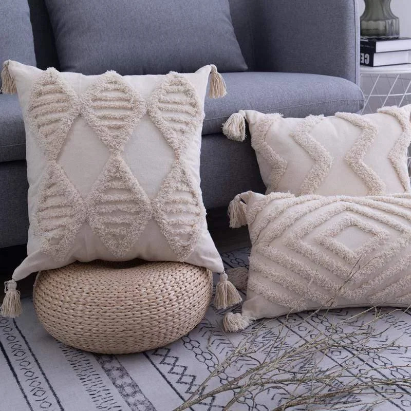 Tassels Beige Pillow Cover - Glova