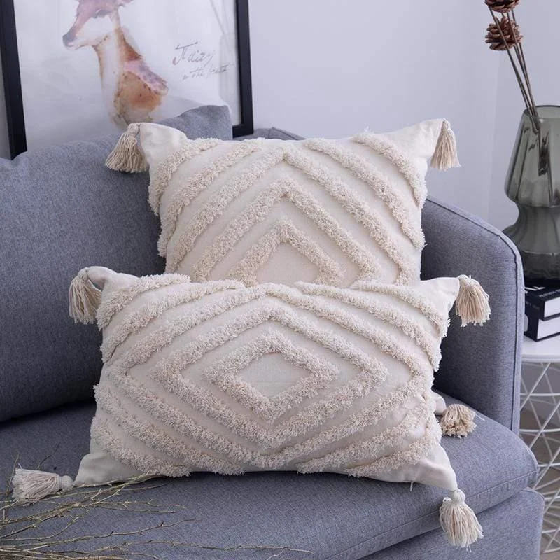 Tassels Beige Pillow Cover - Glova