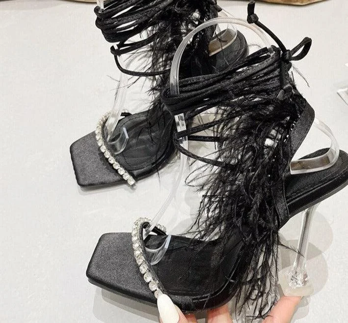 Tassels Feather Crystal Transparent High Heels Sandals - Glova