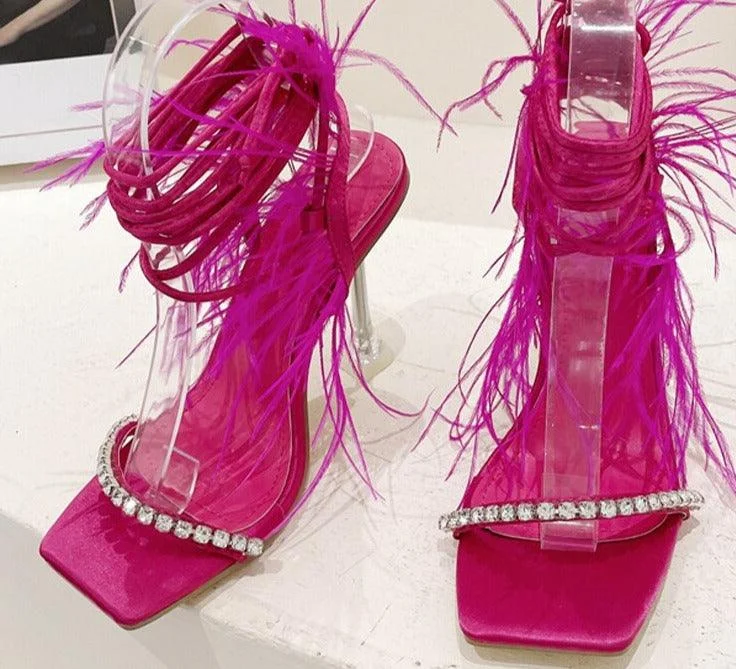 Tassels Feather Crystal Transparent High Heels Sandals - Glova