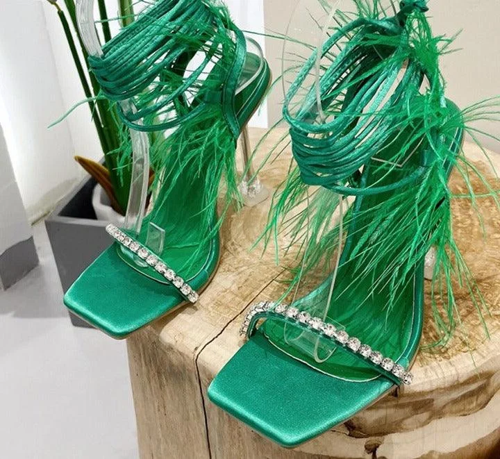 Tassels Feather Crystal Transparent High Heels Sandals - Glova