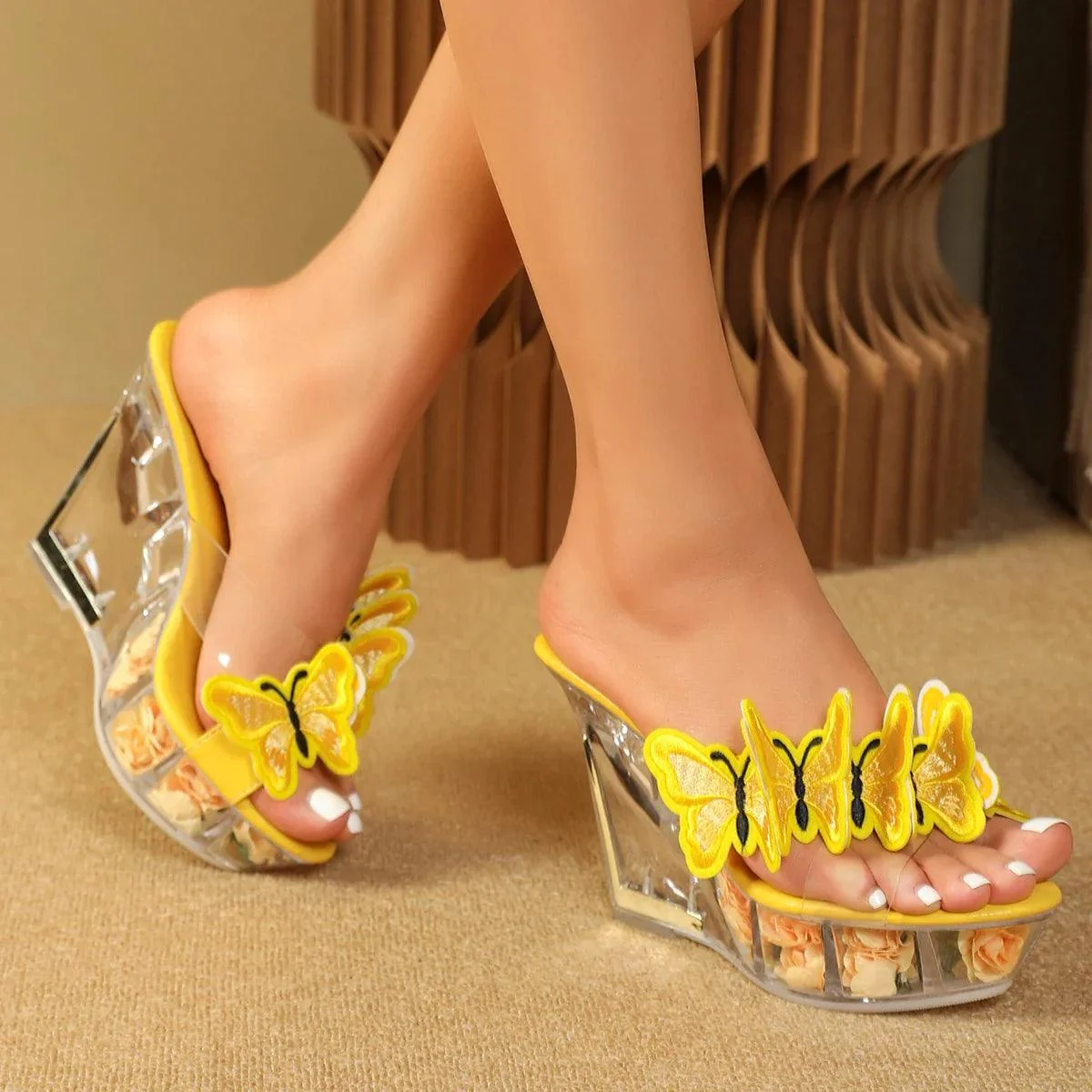 Transparent Crystal Cross Belt Butterfly Platform Wedges Shoes - Glova