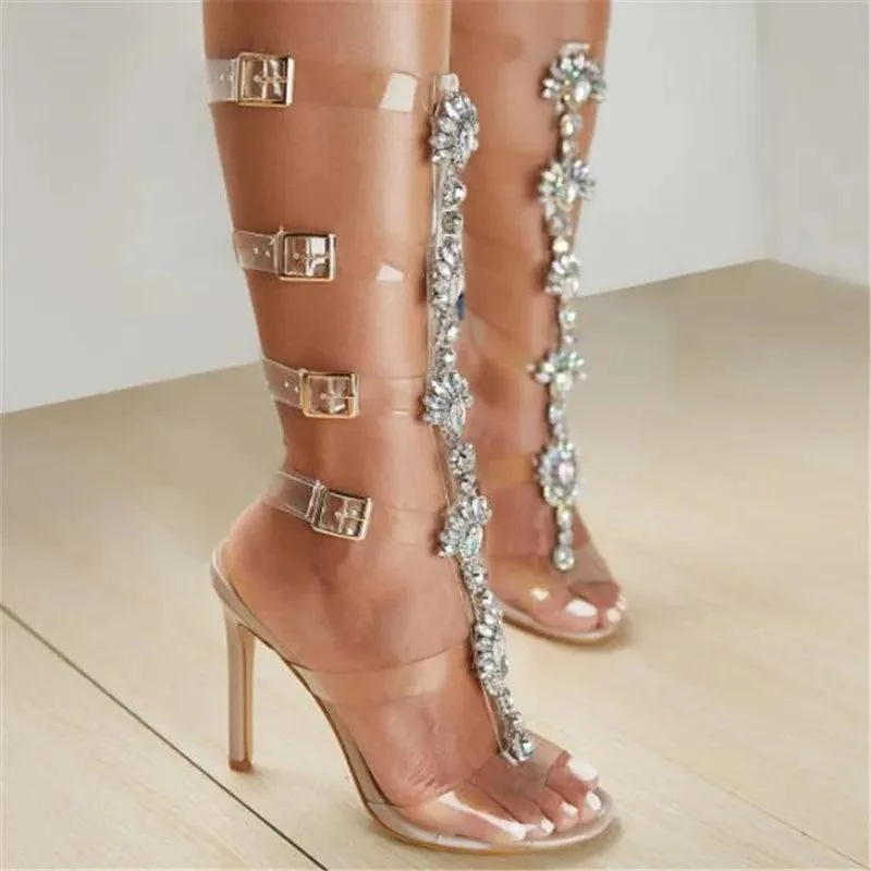 Transparent Rhinestone Chain Ankle Strap Heeled Sandals - Glova